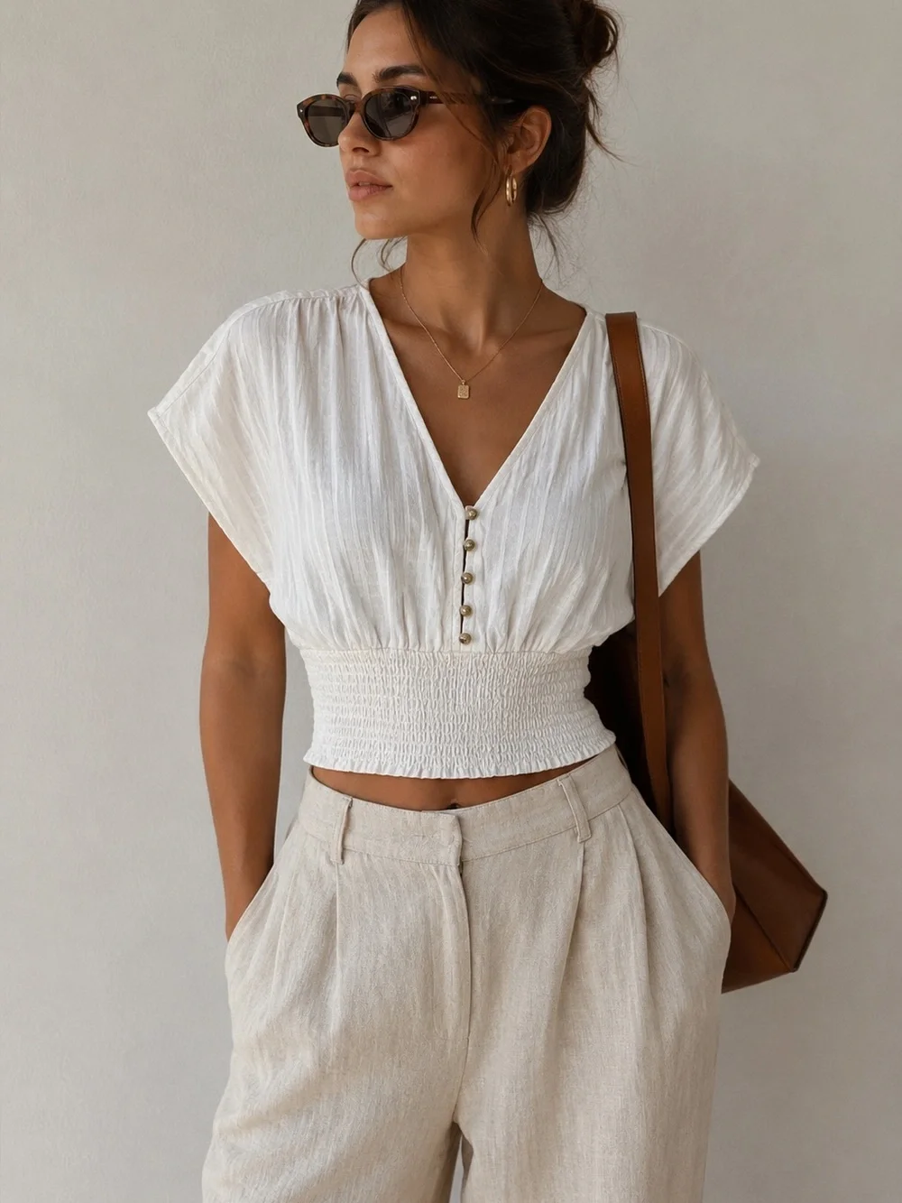Japna White Textured Smocked Waist Button Front Blouse Top Size M